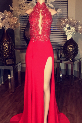 Red Lace-Appliques Chiffon High-neck Prom Dress Side-Split Sleeveless BA5081_4