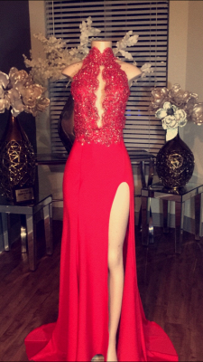 Red Lace-Appliques Chiffon High-neck Prom Dress Side-Split Sleeveless BA5081_3
