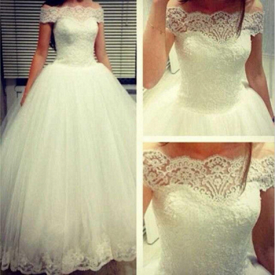 Lace Off the Shoulder Short Sleeves Elegant Ball Gown Wedding Dresses_3
