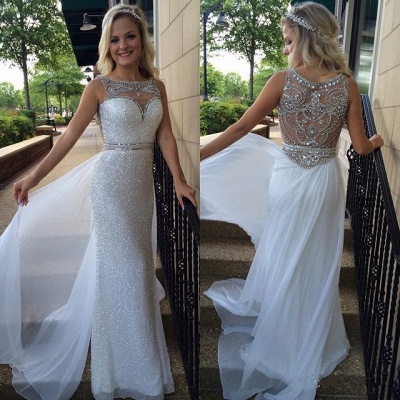 Sequins Sheath Prom Dresses Crystals Beaded with Overskirts Gorgeous Evening Gowns_3