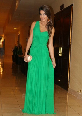 Ruched Chiffon Green One-shoulder Prom Dresses Formal Long Evening Gowns_1