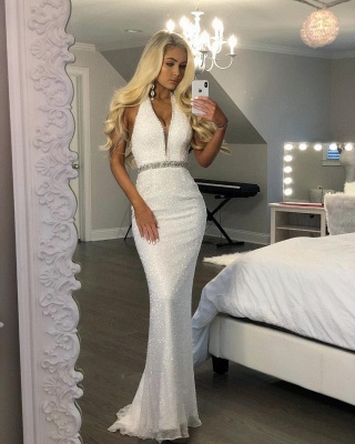 White Mermaid Prom Dress | Halter V-Neck Evening Dresses With Beading Sashes_1