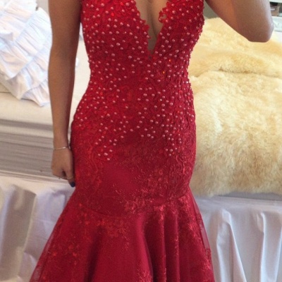 Mermaid Pearls Cap-Sleeve Lace Red V-neck Delicate Prom Dress_4