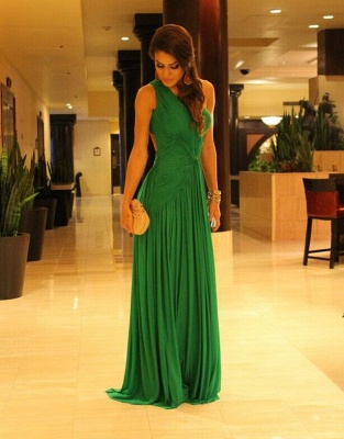 Ruched Chiffon Green One-shoulder Prom Dresses Formal Long Evening Gowns_2