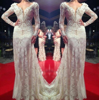 Fashion Arabic Long Sleeves Mermaid Evening Gowns V Neck Lace Pearls Beaded Sexy Long Pageant Dresses_3