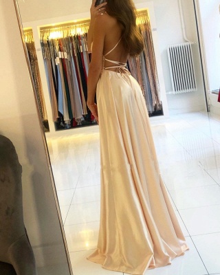 Simple A-line Spaghetti Straps Backless Floor-length Prom Dress With Split_2