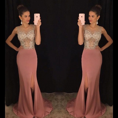 Crystals Mermaid Prom Dresses Sleeveless Illusion Side Split Pink Sexy Evening Gowns_3