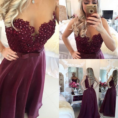A-Line Prom Dresses Sheer Illusion Floor Length Beaded Burgundy Evening Gowns_2