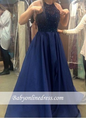 New Arrival Ruffles Dark Navy Blue Party Gowns Halter-Neck A-line Beading Prom Dresses BA5205_3