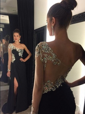 Black Mermaid Prom Dresses One Shoulder Crystals Beaded Side Split Sexy Evening Gowns_1