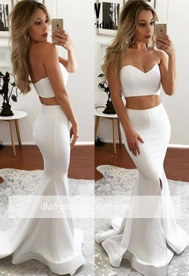 2018 Mermaid Sexy Sweetheart Front-Split Sleeveless Two-Piece White Prom Dress_3