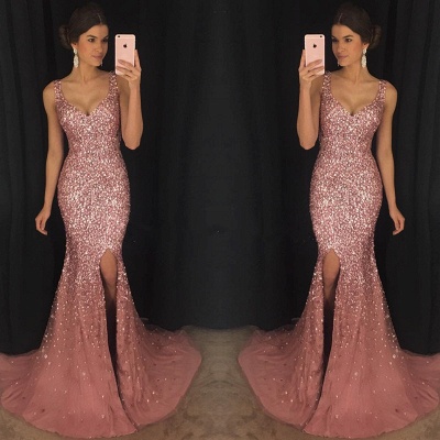 Sexy Mermaid Evening Dresses V-Neck Beaded Split Side Prom Dresses_4