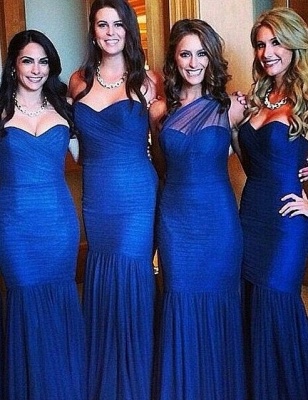 Royal Blue Tulle Mermaid Bridesmaid Dresses Ruched One Shoulder Maid of Honor Dresses_1