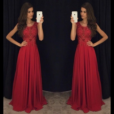 Red Long Prom Dresses Sleeveless Lace Appliques Beaded Chiffon Elegant Evening Gowns_3