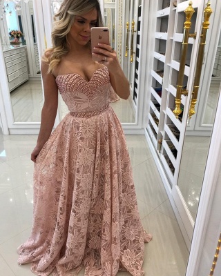 Sheath Sweetheart Pink Long Elegant Lace Prom Dresses_2