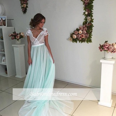 Capped-Sleeves Floral V-Neck Fairy Long Appliques Evening Gowns_1