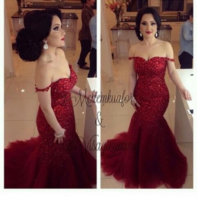 Off the Shoulder Red Mermaid Prom Dresses Sexy Tulle Evening Gowns_3