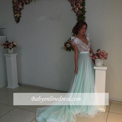 Capped-Sleeves Floral V-Neck Fairy Long Appliques Evening Gowns_3