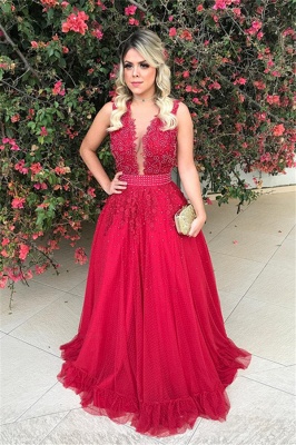 Gorgeous Red Tulle Prom Dresses V-Neck A-line Evening Dresses_1