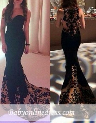 Long Applique Sweetheart Lace Unique Black Prom Dress_1