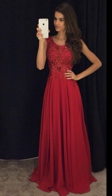 Red Long Prom Dresses Sleeveless Lace Appliques Beaded Chiffon Elegant Evening Gowns_1
