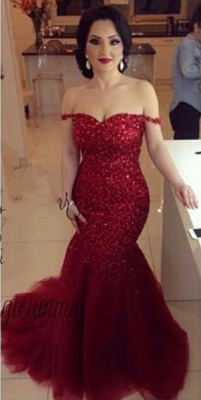 Off the Shoulder Red Mermaid Prom Dresses Sexy Tulle Evening Gowns_2