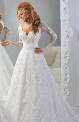 Lace Long Sleeves A-line Wedding Dresses Hollow Back Sexy Court Train Bridal Gowns_3