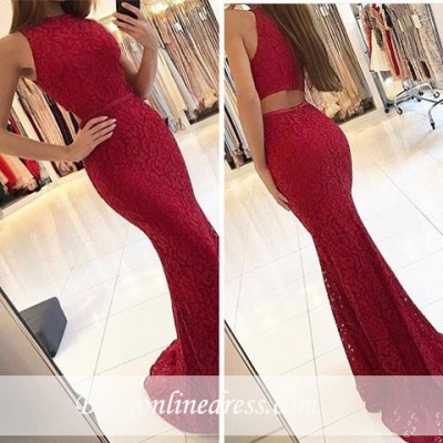 Red Elegant Mermaid Lace Sleeveless Sweep Train Prom Dresses qq0330_1