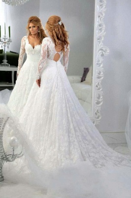 Lace Long Sleeves A-line Wedding Dresses Hollow Back Sexy Court Train Bridal Gowns_1