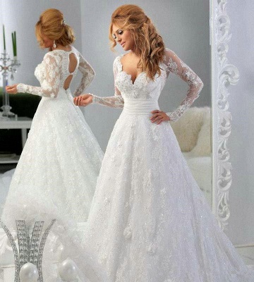Lace Long Sleeves A-line Wedding Dresses Hollow Back Sexy Court Train Bridal Gowns_2