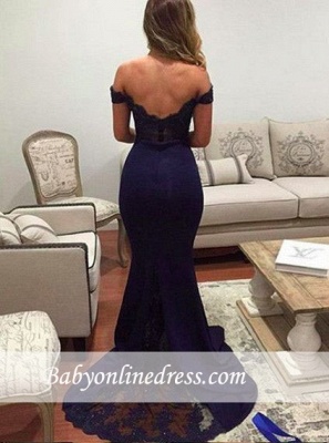 Lace Mermaid Prom Dresses Off-the-Shoulder Dark Navy Elegant Long Bridesmaid Dresses_3