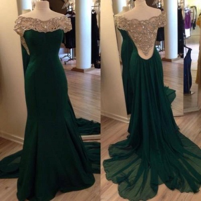 Emerald Green Crystals Mermaid Prom Dresses with Chiffon Overskirt Elegant Evening Gowns_2