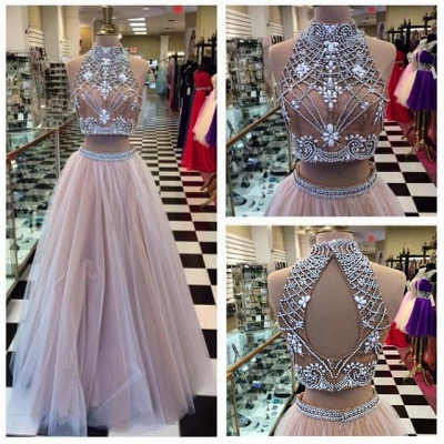 Two Piece Crystals Long Prom Dresses High Neck Tulle Junior Vintage Party Dresses_3