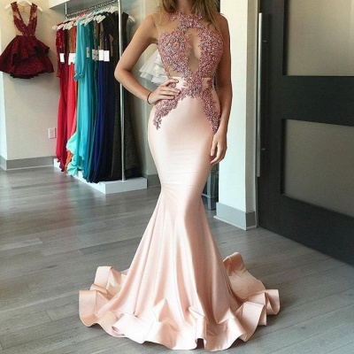 Alluring Long Prom Dresses Pink Sheer Lace Appliques Top Sleeveless Mermaid Evening Dress_1