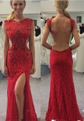 Long Backless Red Lace Split Mermaid Sexy Prom Dresses_2