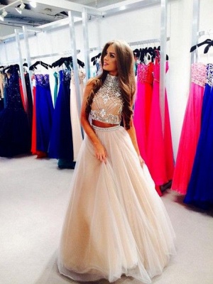 Two Piece Crystals Long Prom Dresses High Neck Tulle Junior Vintage Party Dresses_2