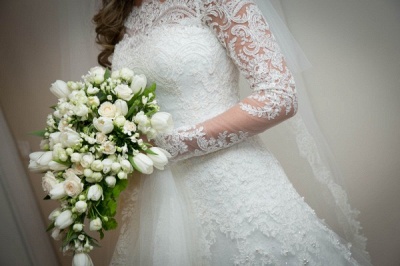 2020 Elegant long Sleeves Zipper Back Applique Ivory Lace Wedding Dresses_3