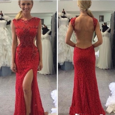 Long Backless Red Lace Split Mermaid Sexy Prom Dresses_3