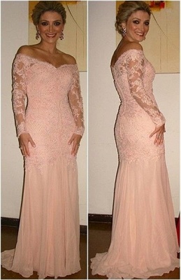 Off the Shoulder Long Sleeves Mermaid Prom Dresses Lace Sheer Sweetheart Pink Evening Gowns_2