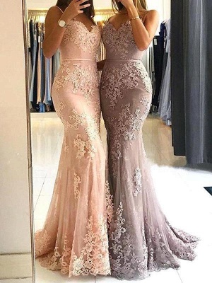 Elegant Sleeveless Mermaid Prom Dresses | Spaghettis Straps Lace Appliques Evening Gowns_2