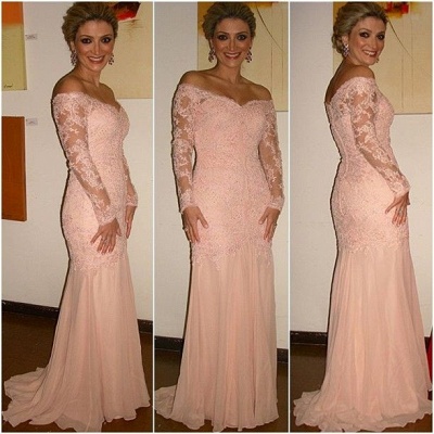 Off the Shoulder Long Sleeves Mermaid Prom Dresses Lace Sheer Sweetheart Pink Evening Gowns_3