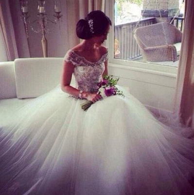 A-Line Off The Shoulder Capped Sleeves Beads Ruffles Tulle Court Train Wedding Dresses_1