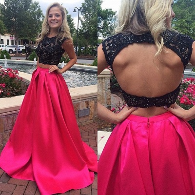 Two-Piece Prom Dresses Capped Sleeves Lace Top Hollow Back Long Evening Gowns_1