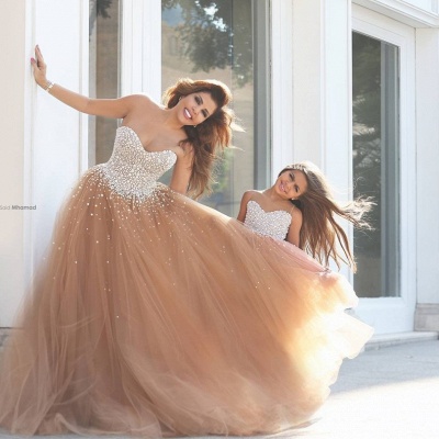 Mother And Daughter Dresses Champagne Girl's Dresses with Beading Long Girl's Pageant Dresses_1