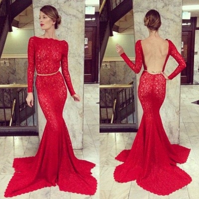 Lace Backless Prom Dresses Long Sleeves Sheer Mermaid High Bateau Neck Evening Gowns_2