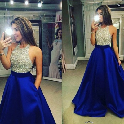 Halter Neck Prom Dresses Royal Blue Puffy Long Formal A-line Evening Gowns_4