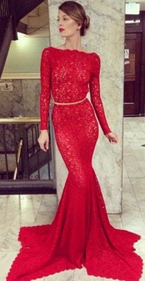 Lace Backless Prom Dresses Long Sleeves Sheer Mermaid High Bateau Neck Evening Gowns_1