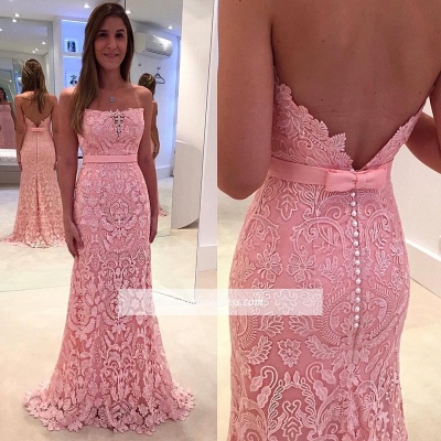 Gorgeous Pink Mermaid Lace Strapless Zipper Pearls Prom Dress_1