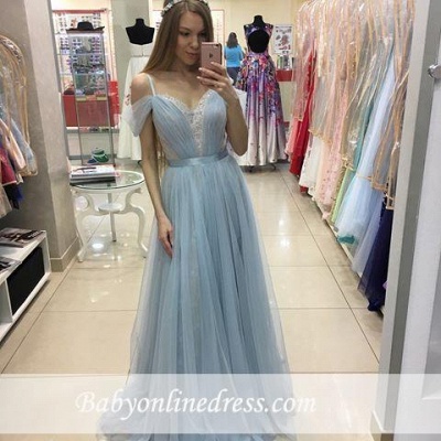 Cap-Sleeves Sweep-train Tulle Beautiful A-line Straps Prom Dress_3