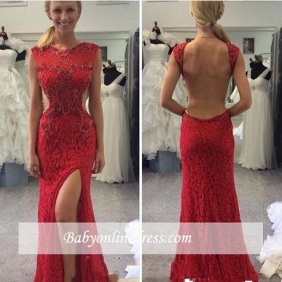 Long Backless Red Lace Split Mermaid Sexy Prom Dresses_1